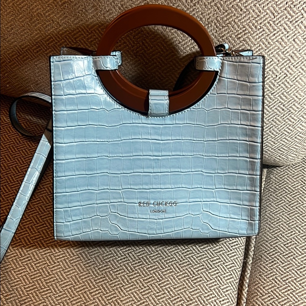 Blue Geometric Tote with Wooden Handle